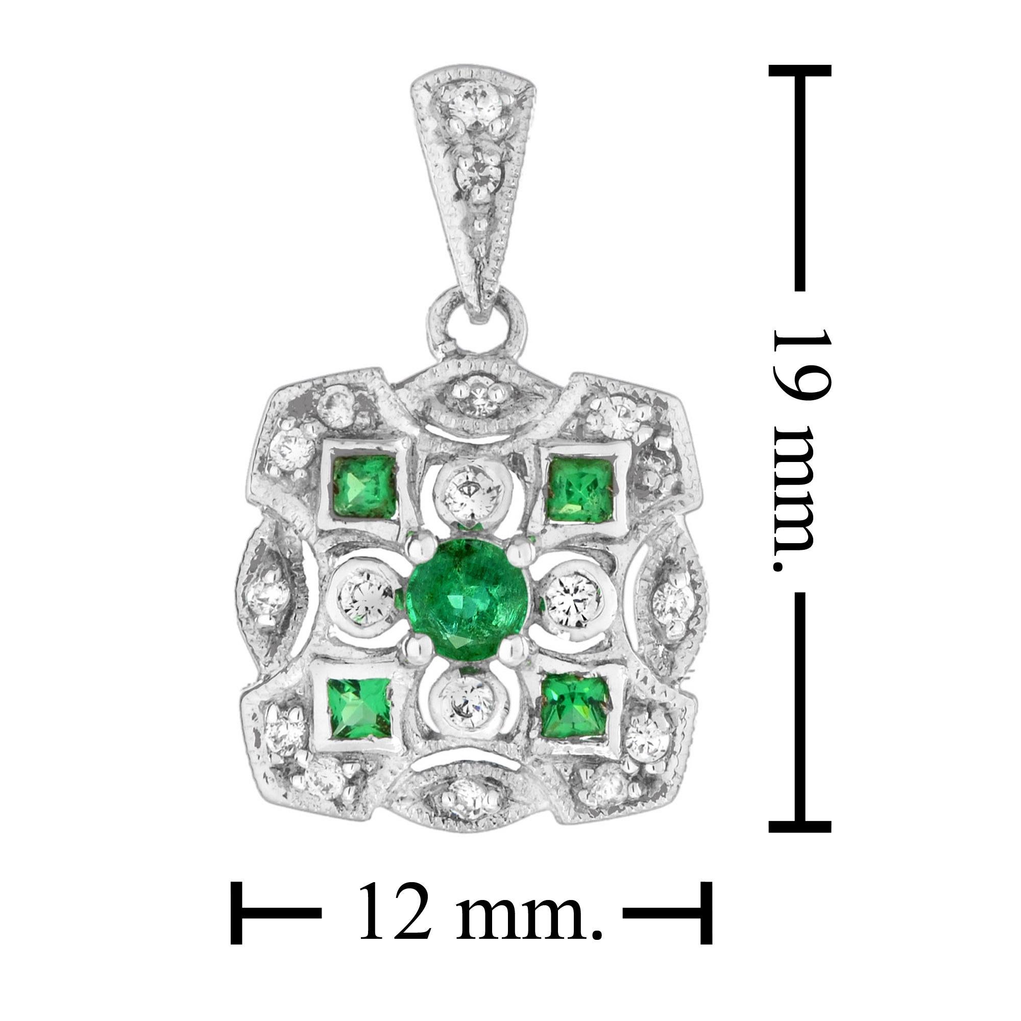 Women's Art Deco Style Emerald and Diamond Cluster Pendant in 14K White Gold  For Sale