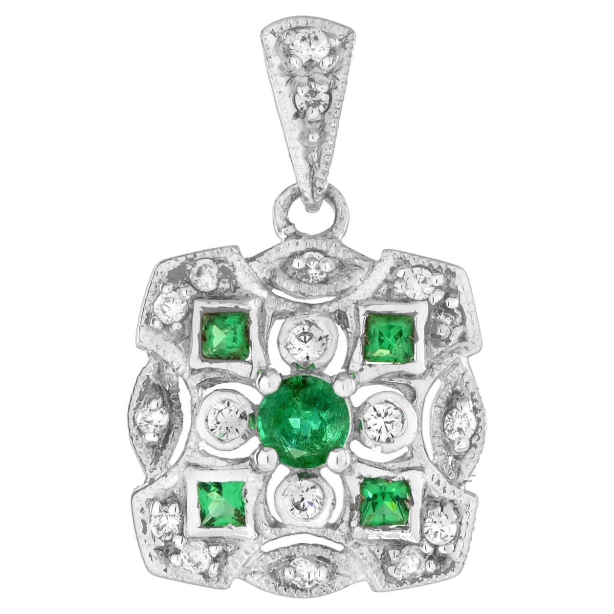 Art Deco Style Emerald and Diamond Cluster Pendant in 14K White Gold  For Sale