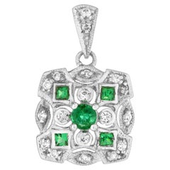 Art Deco Style Emerald and Diamond Cluster Pendant in 14K White Gold 