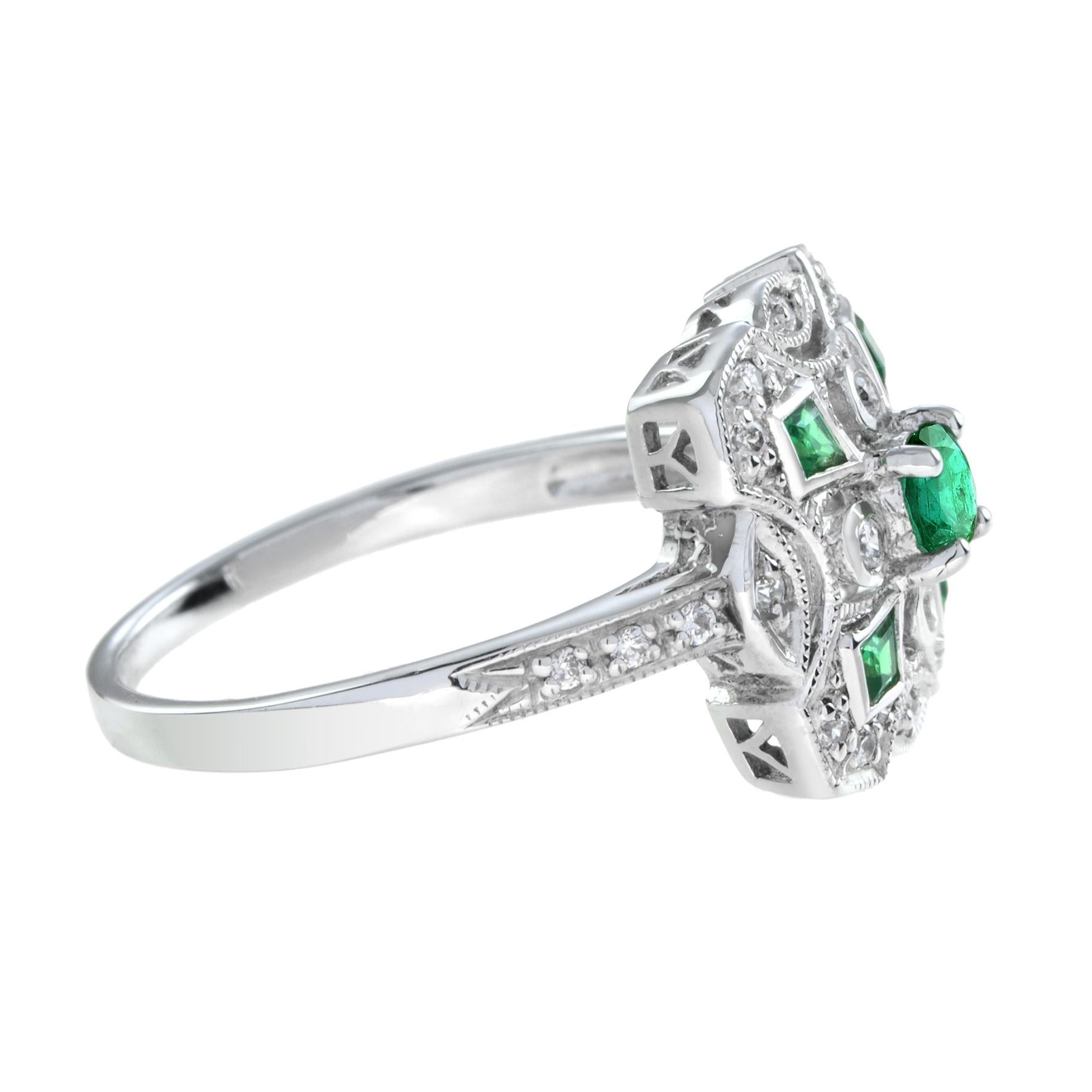 For Sale:  Art Deco Style Emerald and Diamond Cluster Ring in 18K White Gold  4