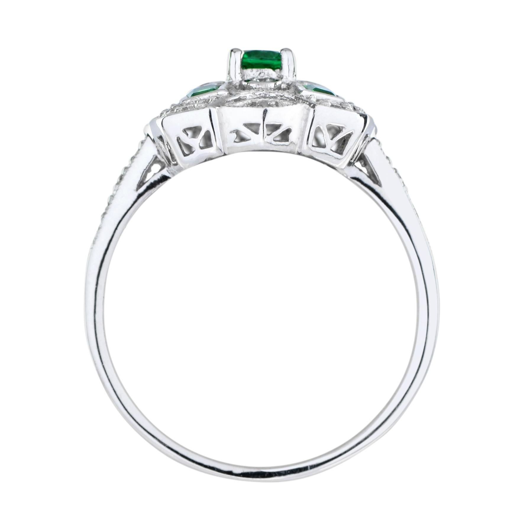 For Sale:  Art Deco Style Emerald and Diamond Cluster Ring in 18K White Gold  6