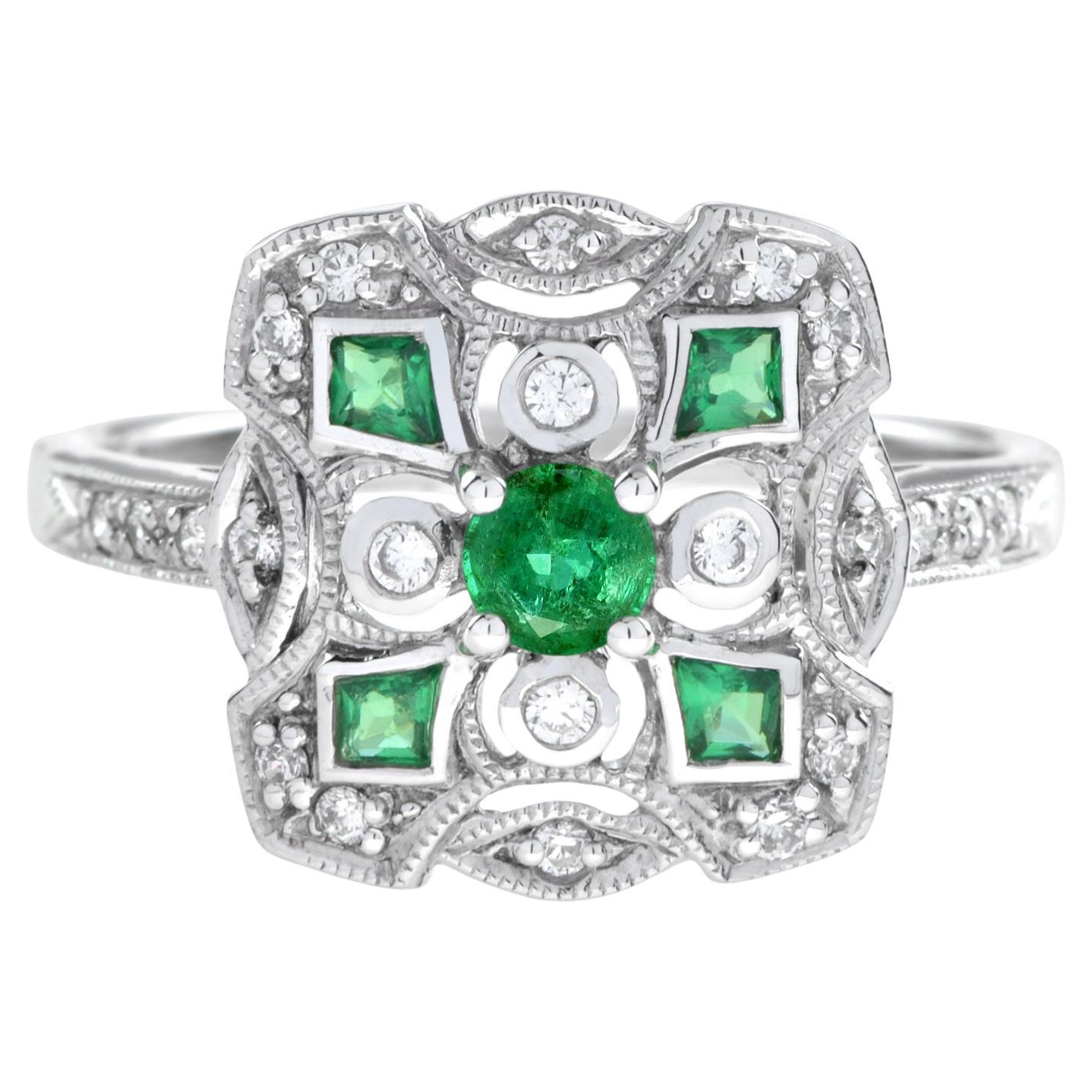 For Sale:  Art Deco Style Emerald and Diamond Cluster Ring in 18K White Gold