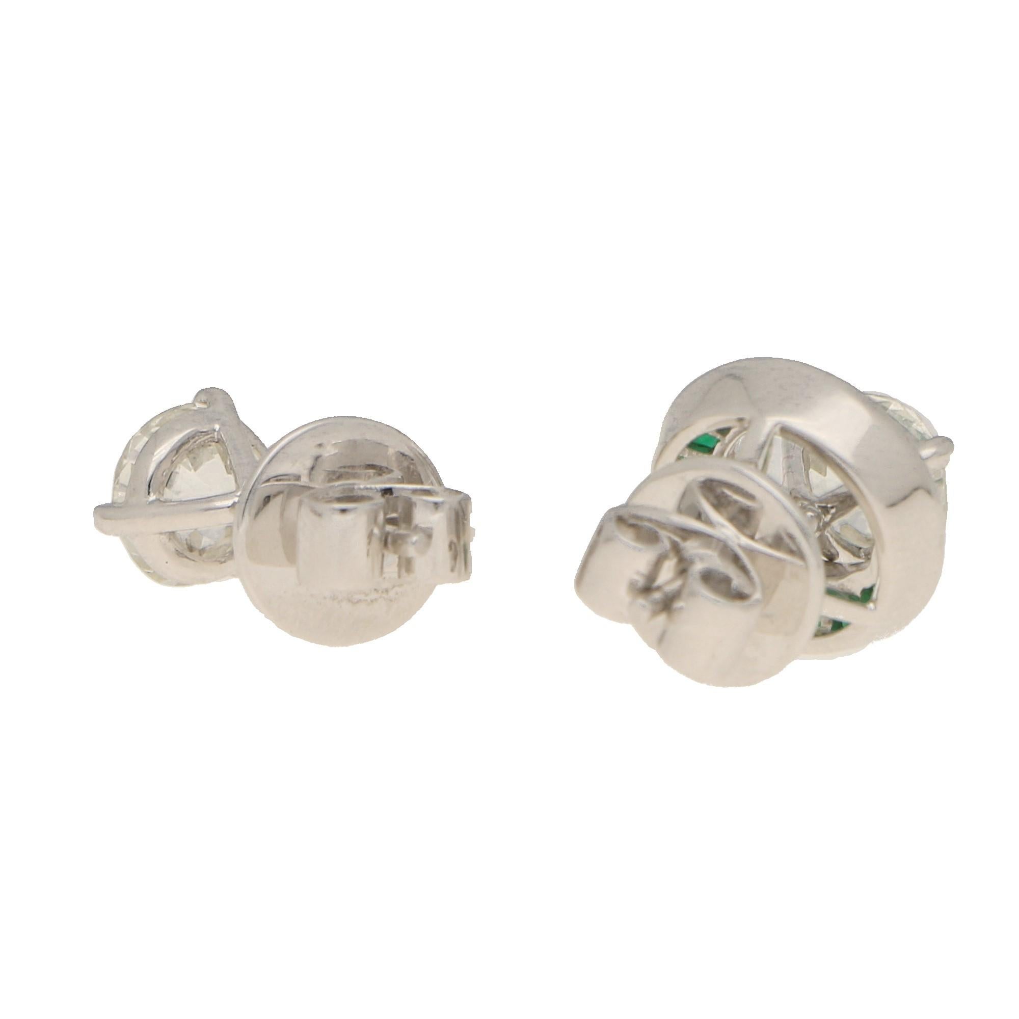 Old European Cut Art Deco Style Emerald and Diamond Convertible Stud Earrings Set in Platinum