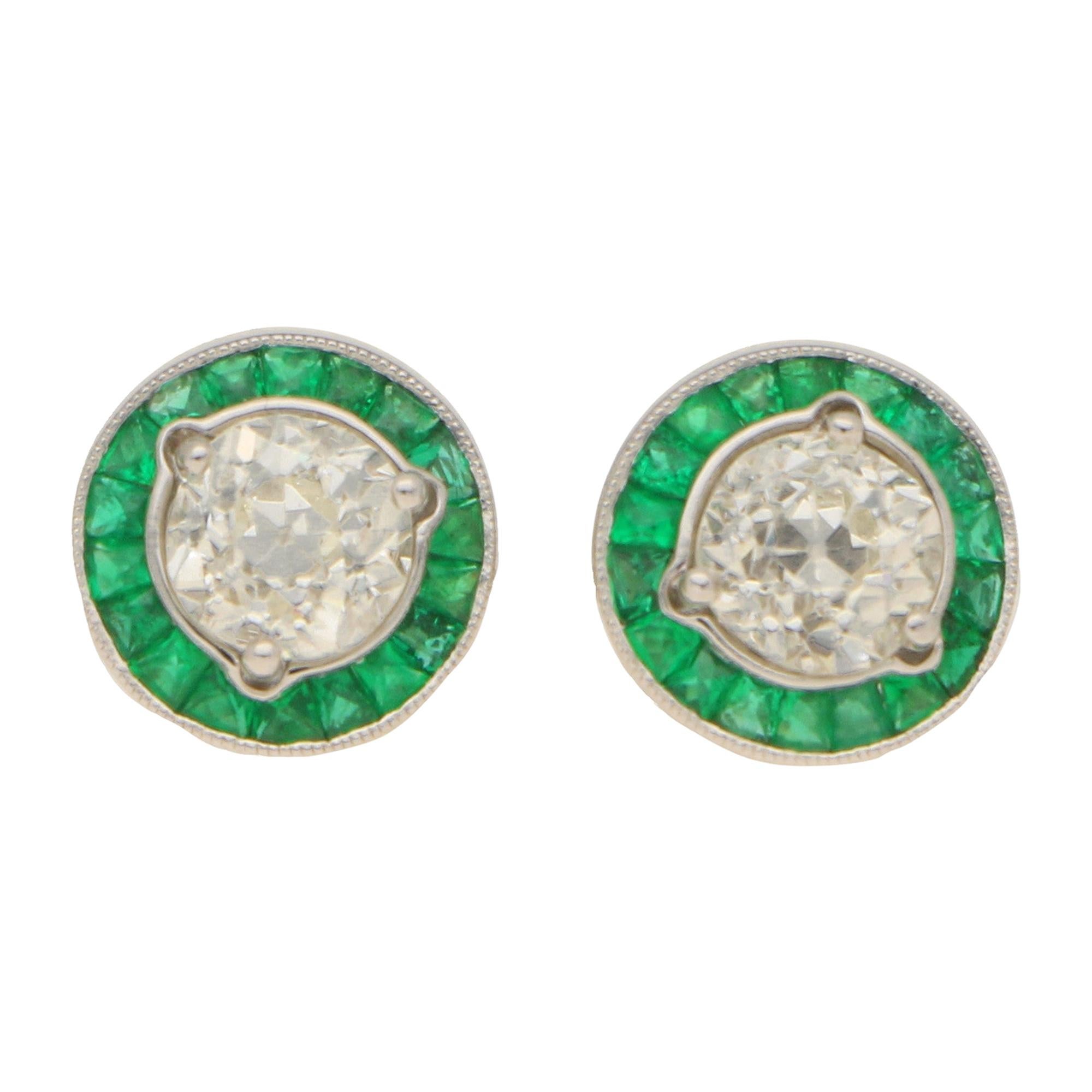 Art Deco Style Emerald and Diamond Convertible Stud Earrings Set in Platinum For Sale