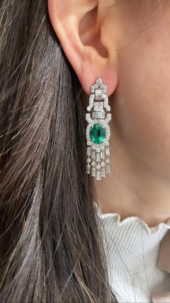 Art Deco Style Emerald and Diamond Drop Earrings 9 Carat