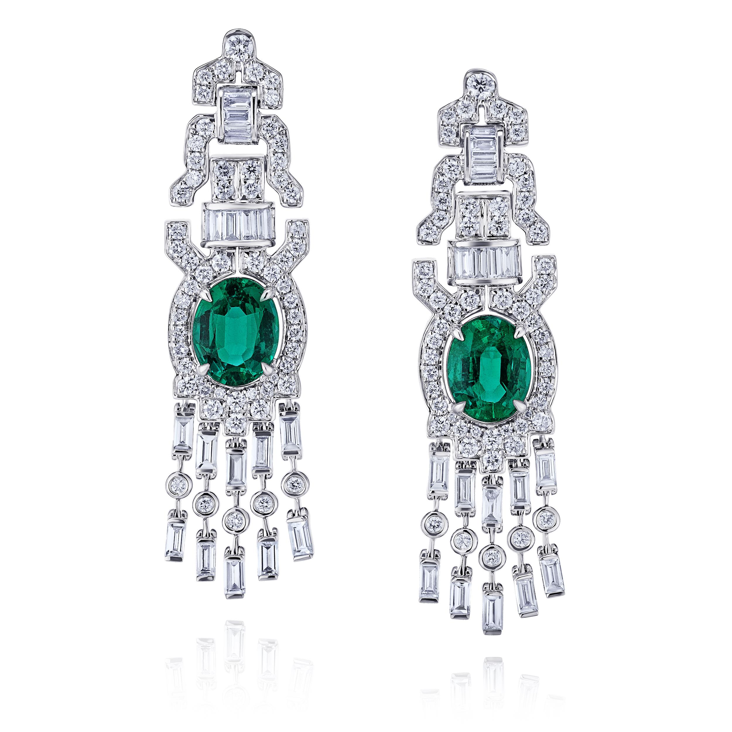 Baguette Cut Art Deco Style Emerald and Diamond Drop Earrings 9 Carat For Sale