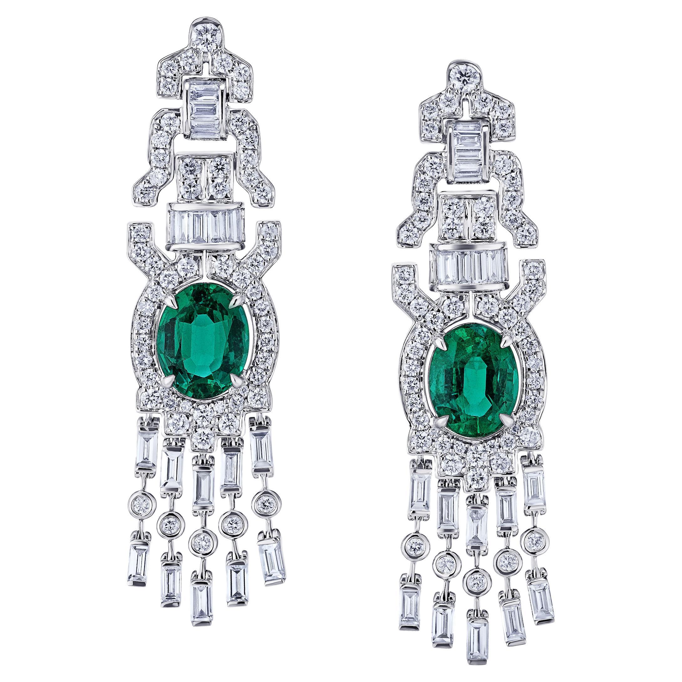 Art Deco Style Emerald and Diamond Drop Earrings 9 Carat For Sale
