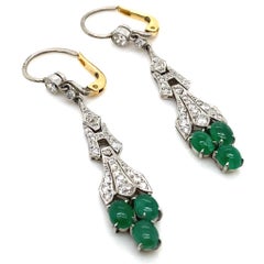 Art Deco Style Emerald and Diamond Drop Earrings in 14 Karat White & Yellow Gold