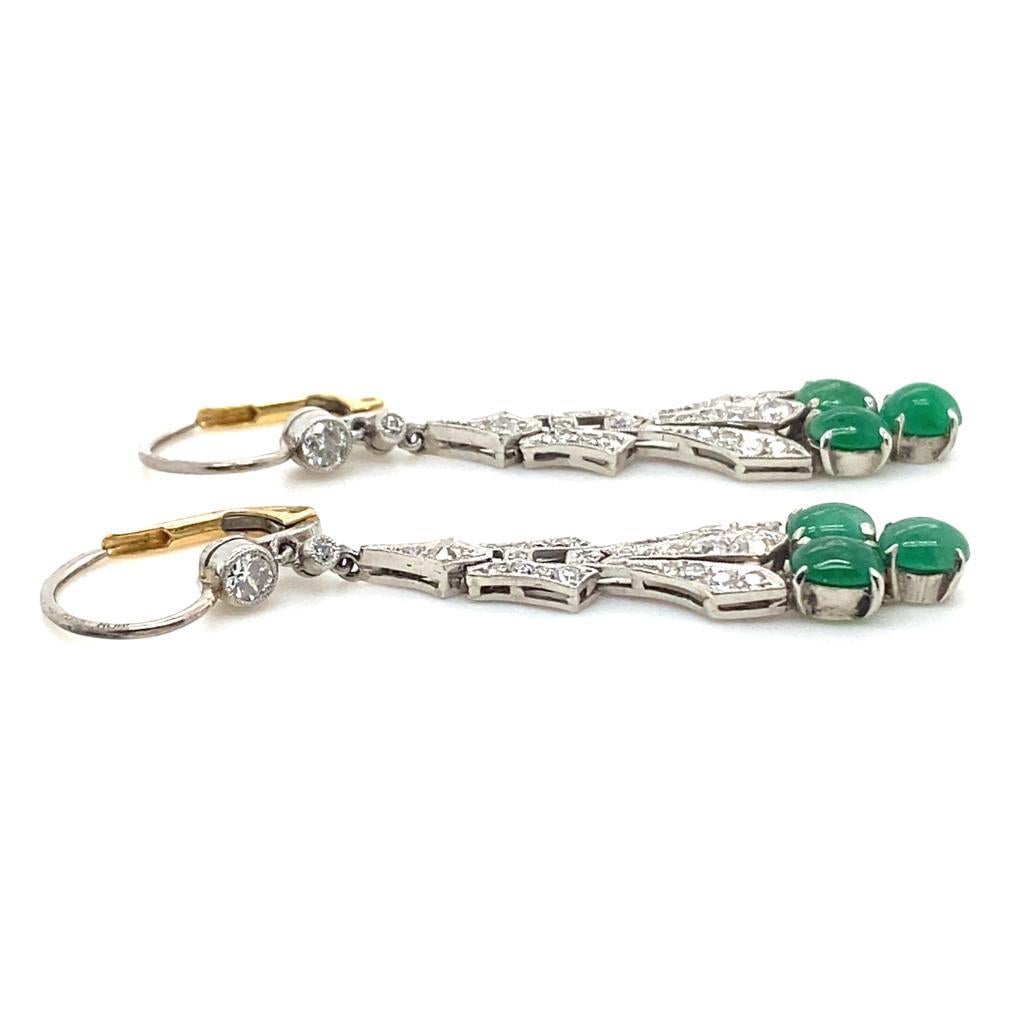 Cabochon Art Deco Style Emerald and Diamond Drop Earrings in 14 Karat White & Yellow Gold For Sale
