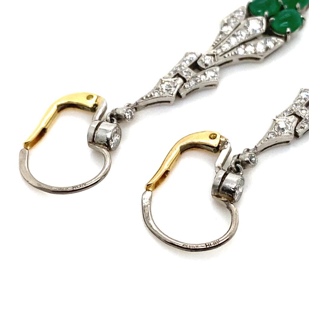 Women's Art Deco Style Emerald and Diamond Drop Earrings in 14 Karat White & Yellow Gold For Sale