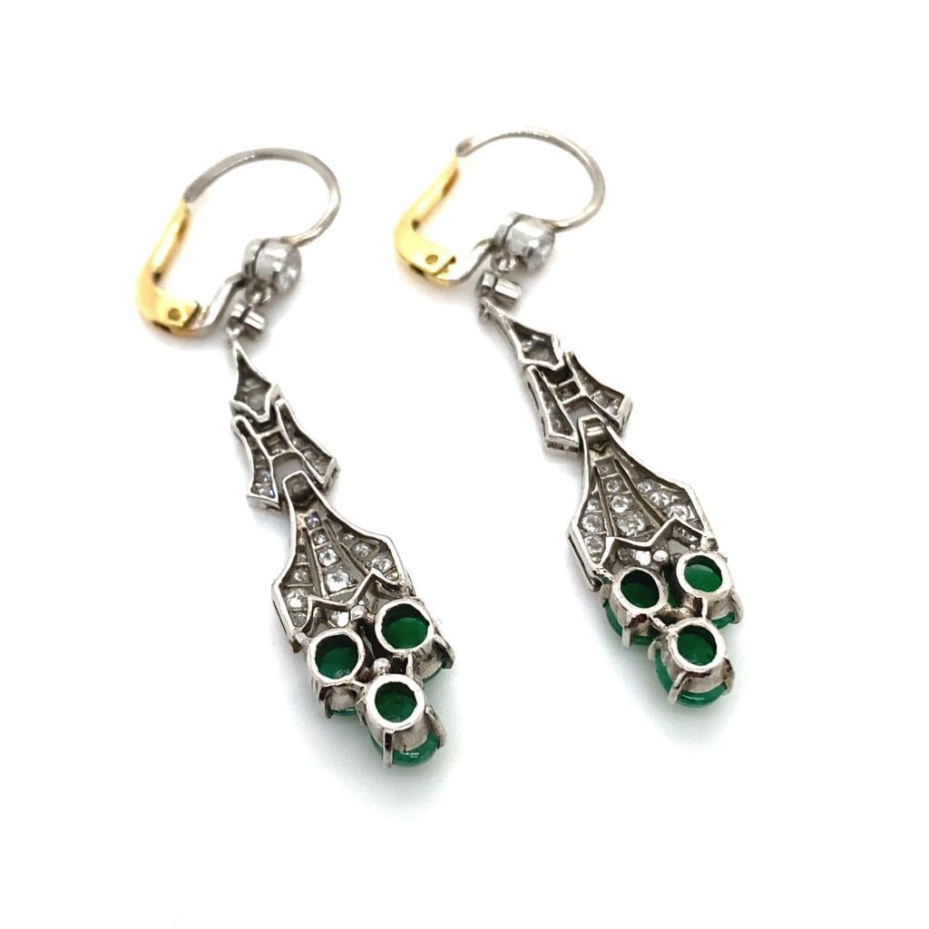 Art Deco Style Emerald and Diamond Drop Earrings in 14 Karat White & Yellow Gold For Sale 1