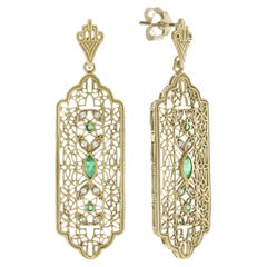 Art Deco Style Emerald and Diamond Filigree Dangle Earrings in 14K Yellow Gold