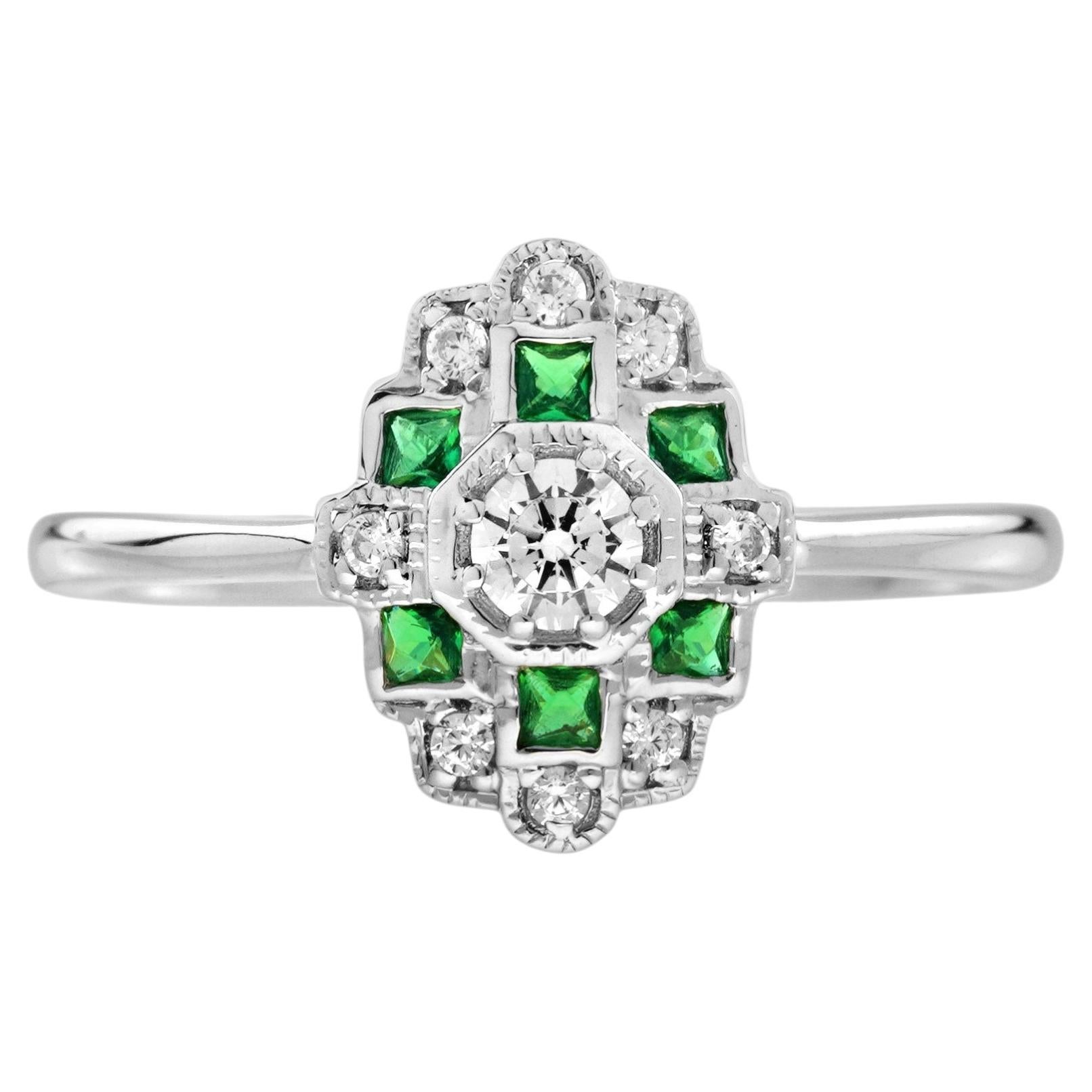 Emerald and Diamond Art Deco Style Geometric Engagement Ring in 14K Gold For Sale