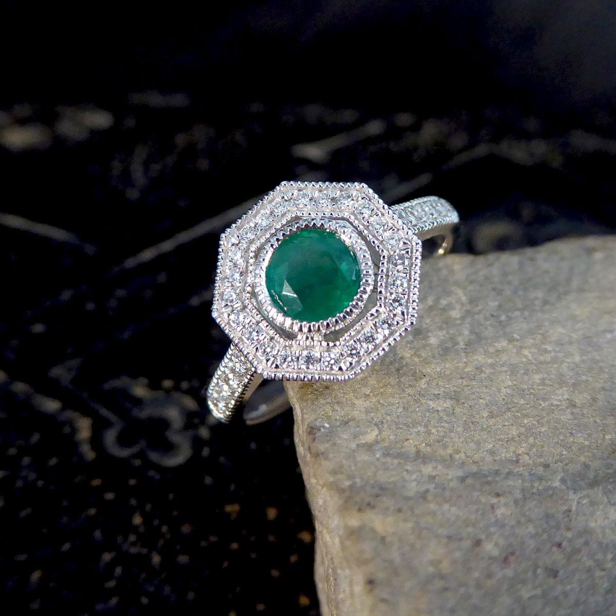 Art Deco Style Emerald and Diamond Halo Cluster Ring in Platinum 5