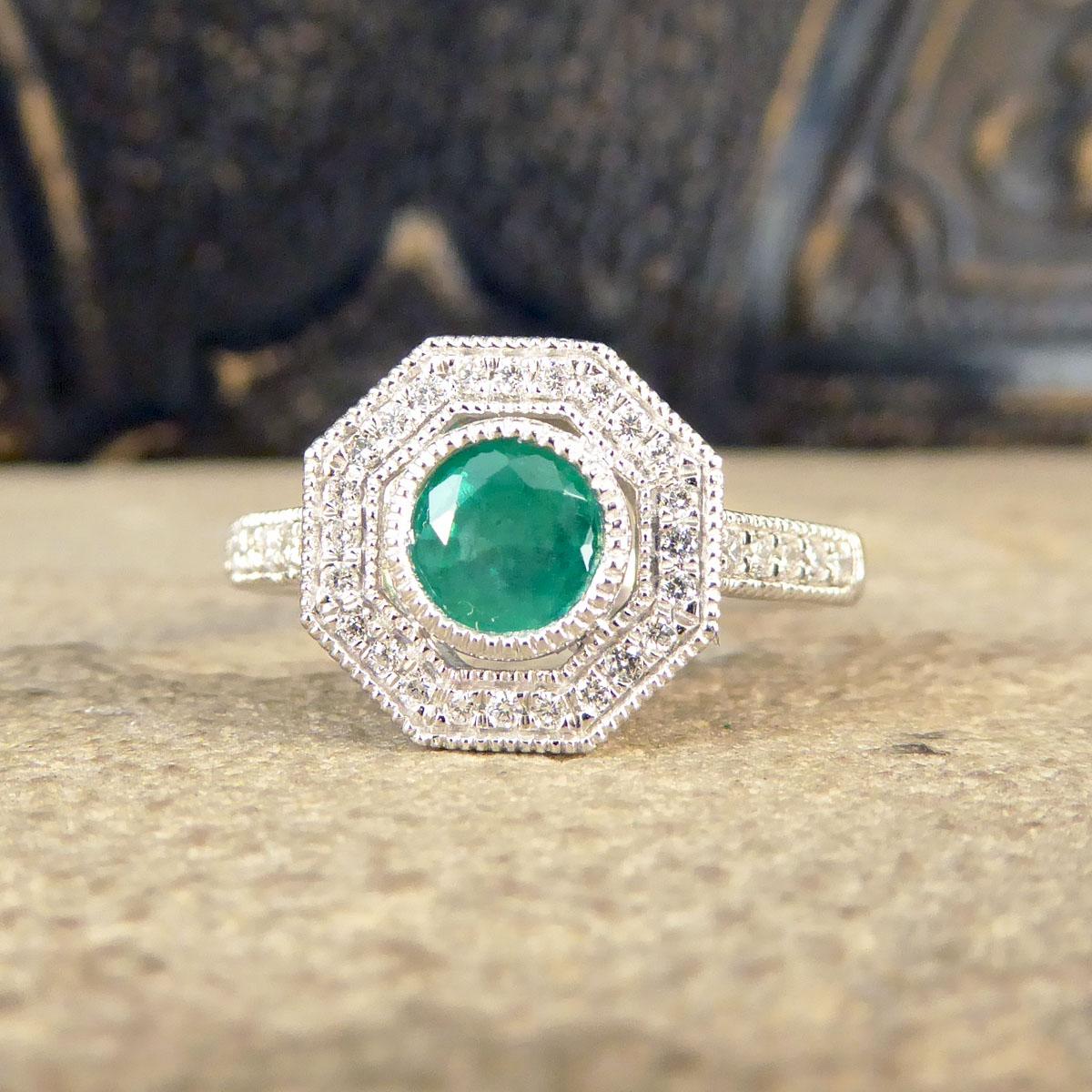 Women's or Men's Art Deco Style Emerald and Diamond Halo Cluster Ring in Platinum