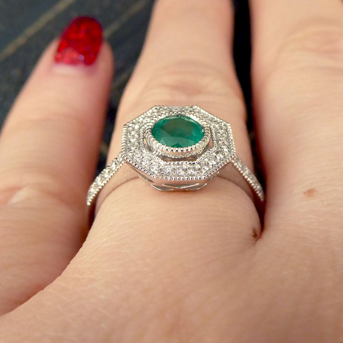 Art Deco Style Emerald and Diamond Halo Cluster Ring in Platinum 2