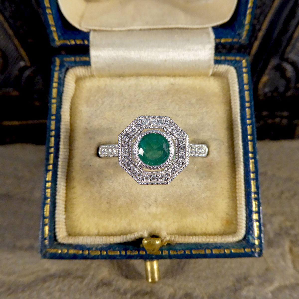 Art Deco Style Emerald and Diamond Halo Cluster Ring in Platinum 4