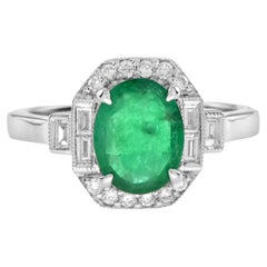 Art Deco Style Emerald and Diamond Halo Engagement Ring in 18K White Gold