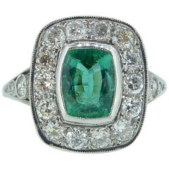 Art Deco Style Emerald and Diamond Ring, 1.04 Carat Emerald, Pre-Owned