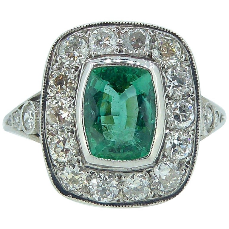 Art Deco Style Emerald and Diamond Ring, 1.04 Carat Emerald, Pre-Owned ...