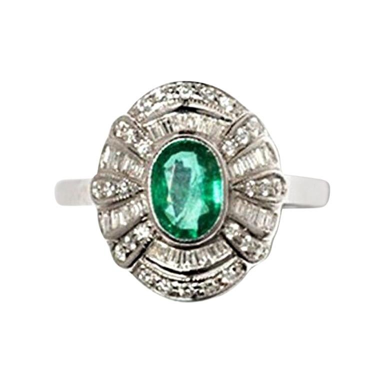 Art Deco Style Emerald and Diamond Ring, 18 Karat White Gold