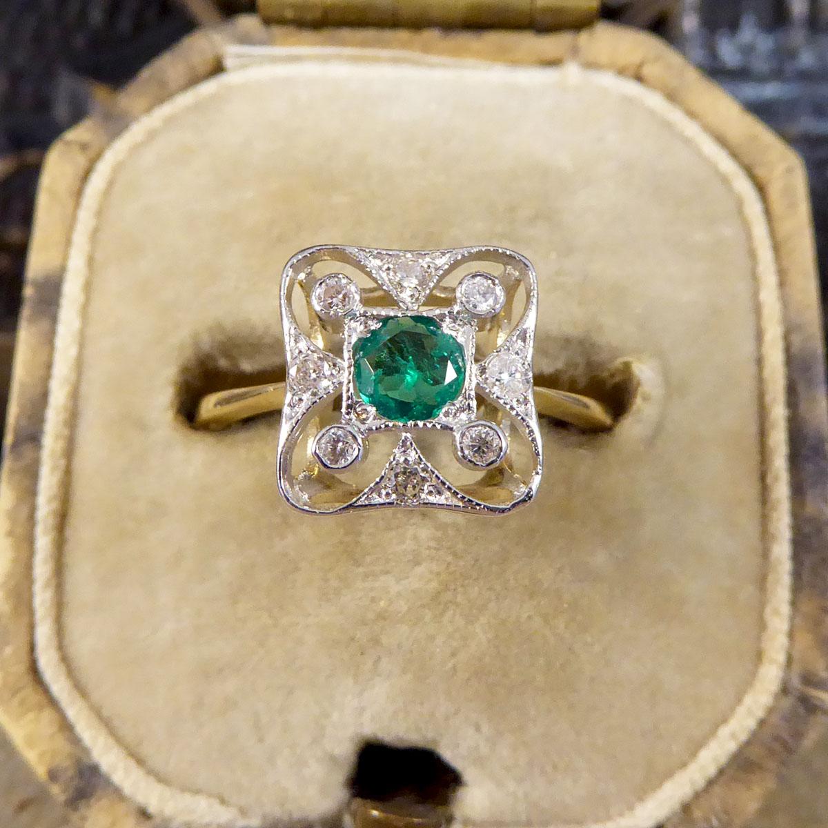 Art Deco Style Emerald and Diamond Ring in 18ct Yellow and White Gold 1