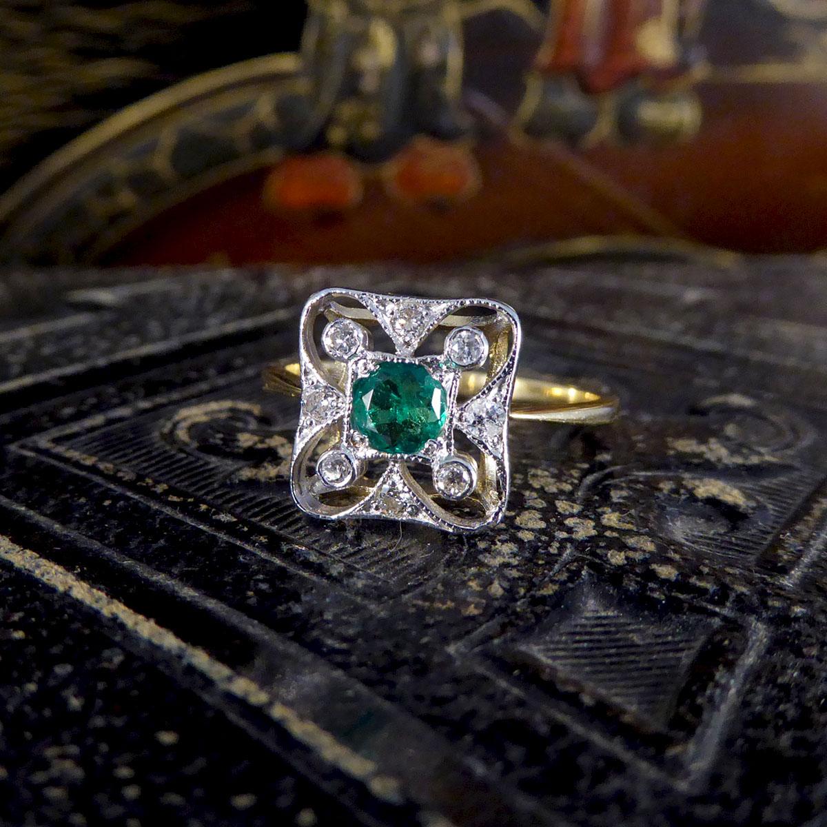 Art Deco Style Emerald and Diamond Ring in 18ct Yellow and White Gold 3