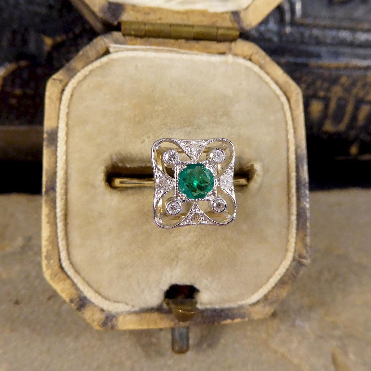 Art Deco Style Emerald and Diamond Ring in 18ct Yellow and White Gold 4
