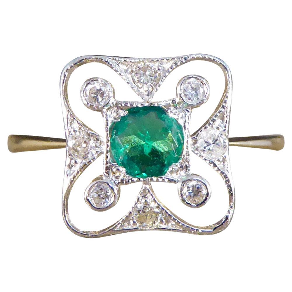 Art Deco Style Emerald and Diamond Ring in 18ct Yellow and White Gold