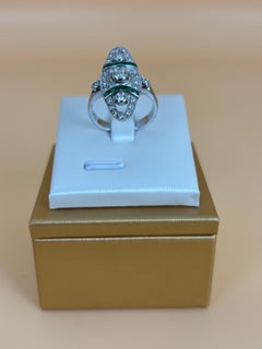 Art Deco Style Emerald and Diamond Ring with Calibré Emeralds in 18K White Gold