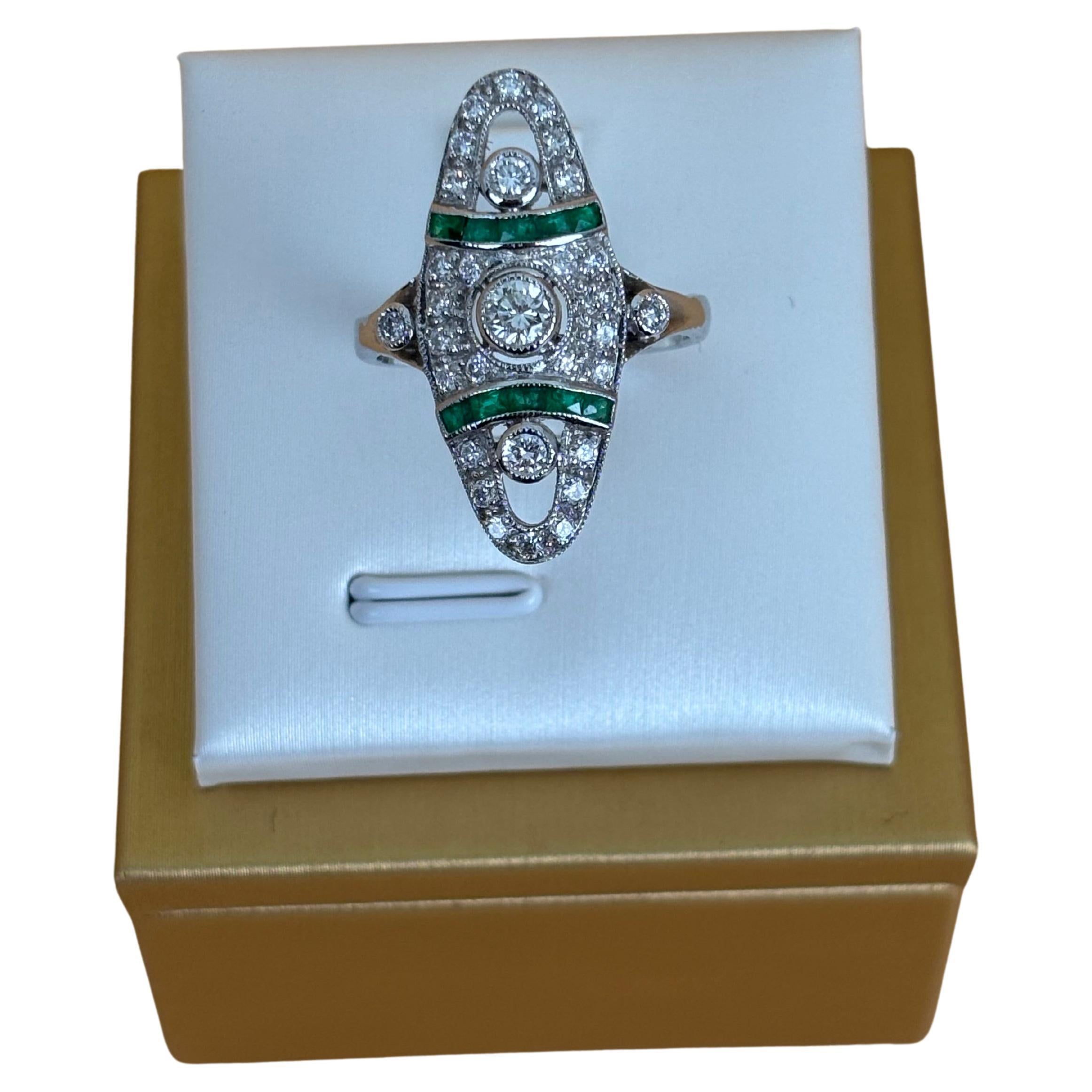 Art Deco Style Emerald and Diamond Ring with Calibré Emeralds in 18K White Gold