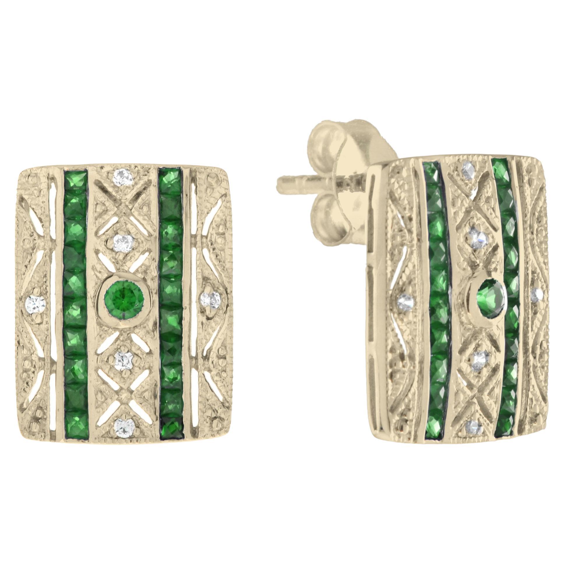 Art Deco Style Emerald and Diamond Square Stud Earrings in 14K Yellow Gold For Sale