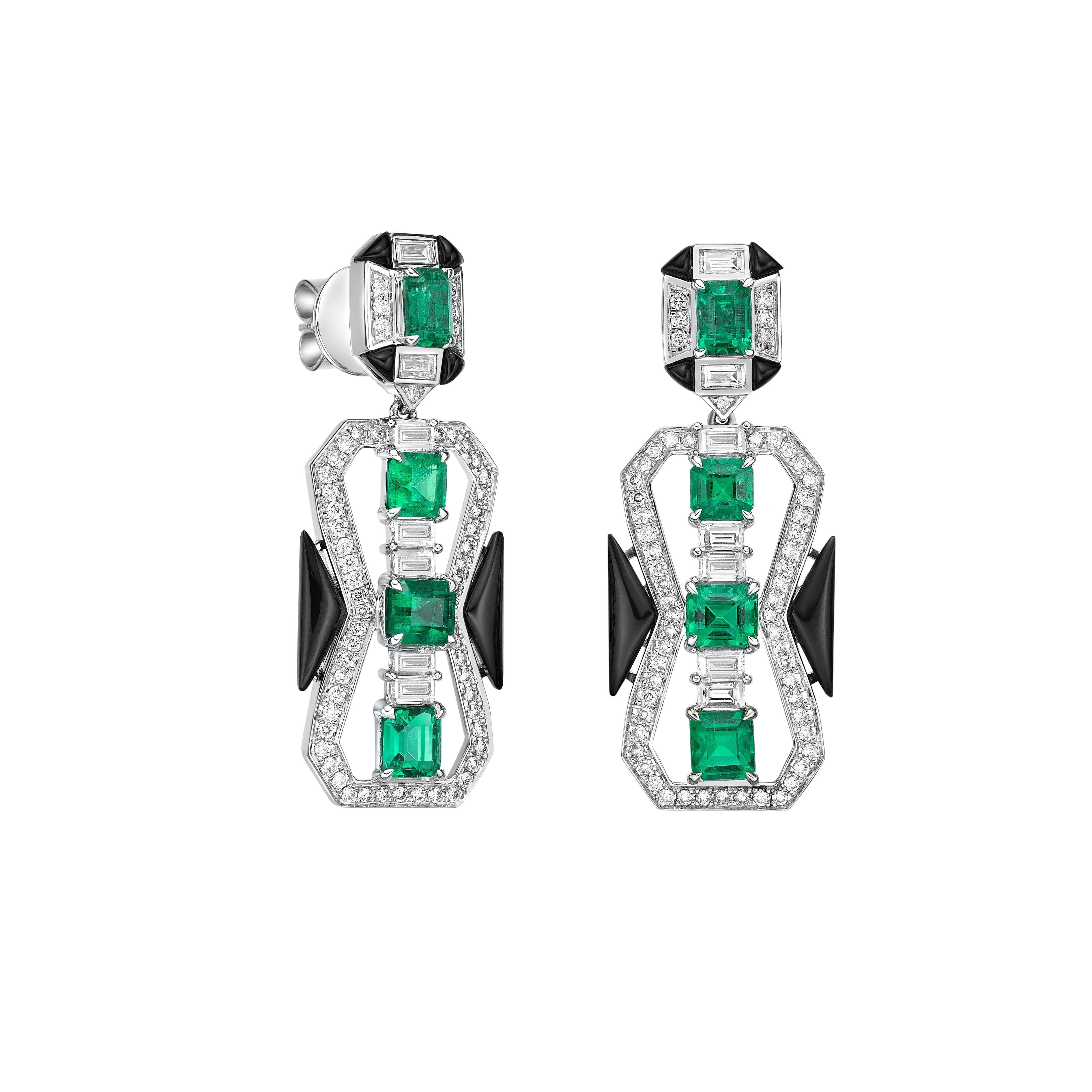 Octagon Cut Art Deco Style Emerald, Black Onyx and Diamond Earrings in 18 Karat White Gold For Sale
