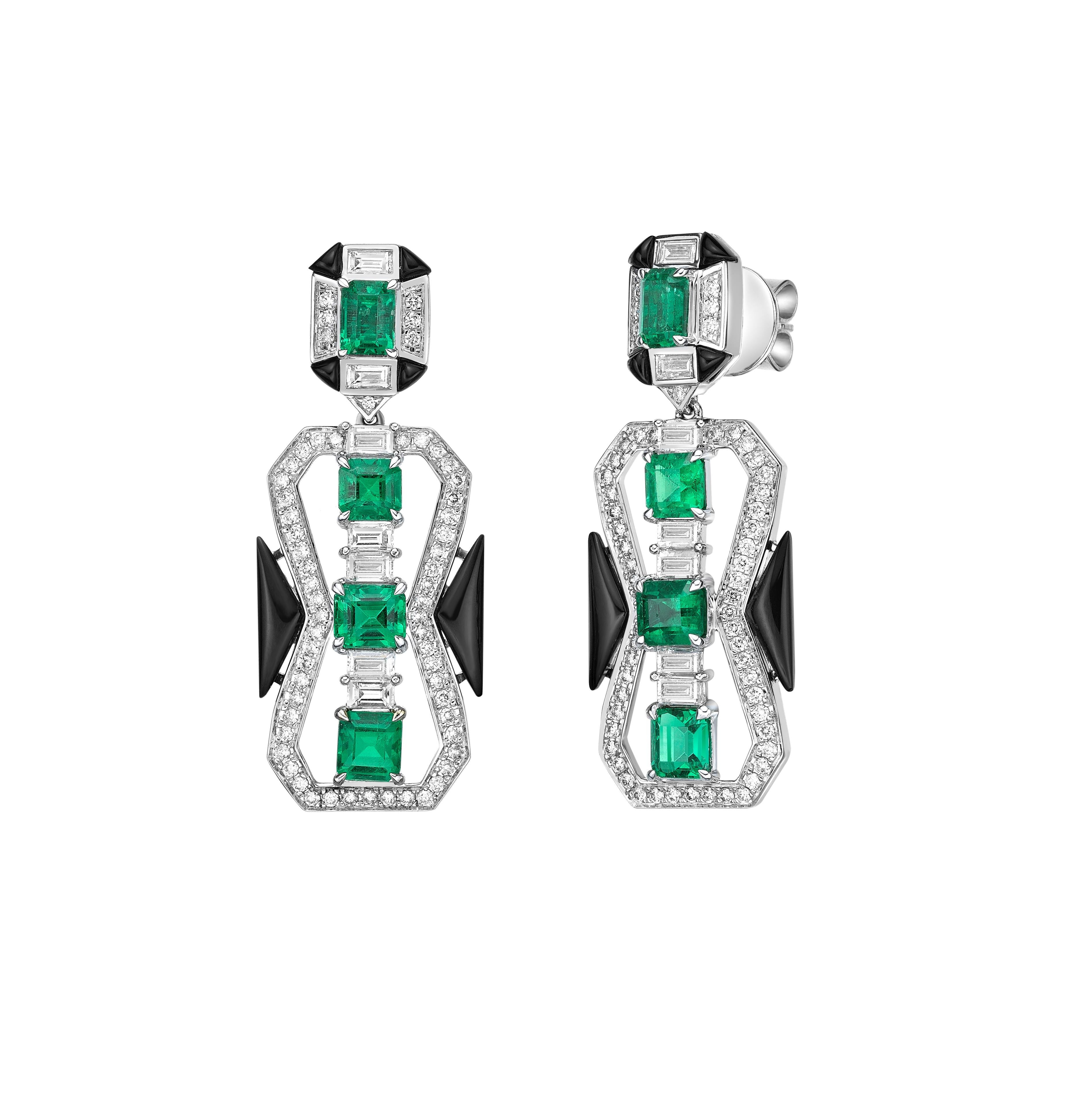 Women's Art Deco Style Emerald, Black Onyx and Diamond Earrings in 18 Karat White Gold For Sale
