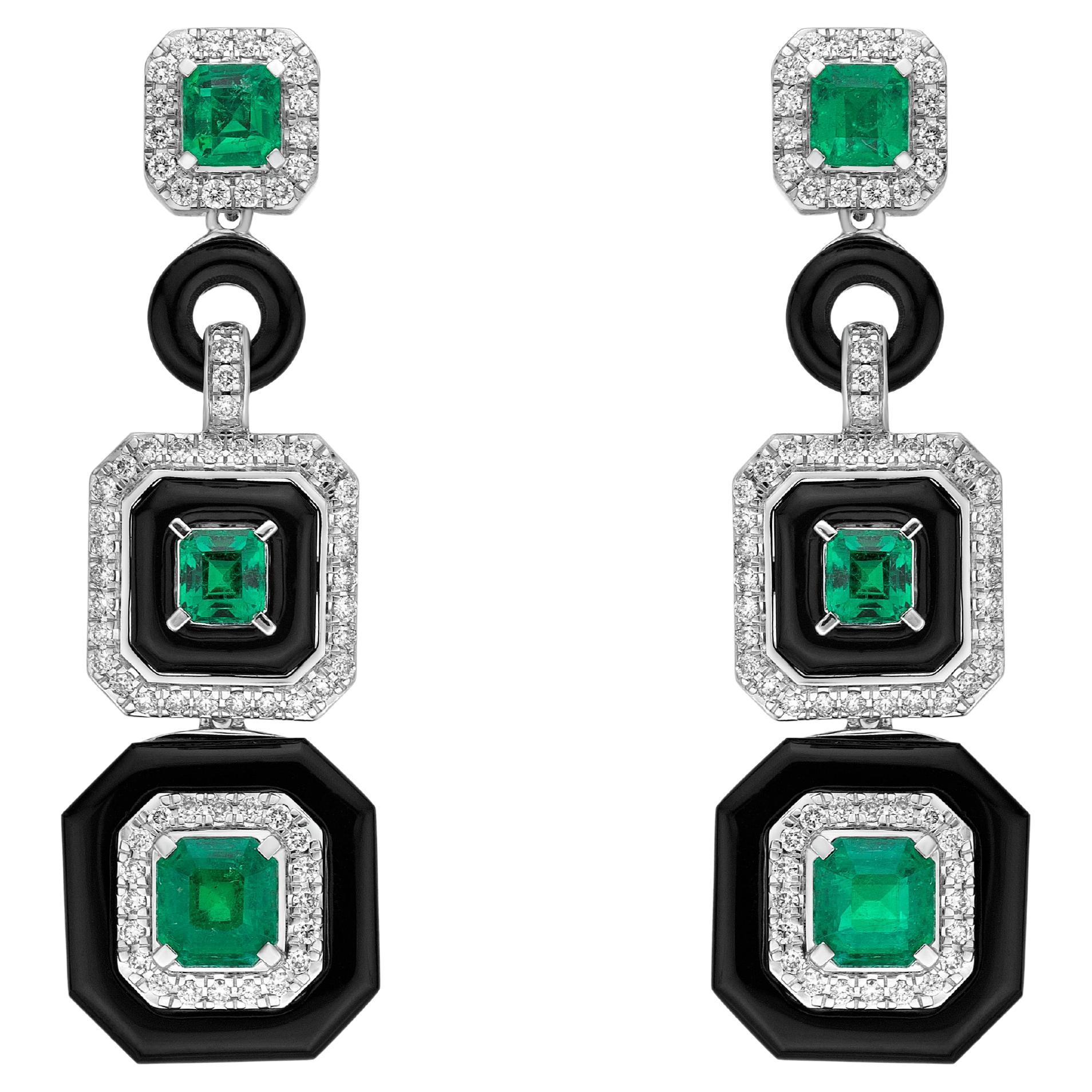 Art Deco Style Emerald, Black Onyx and Diamond Earrings in 18 Karat White Gold