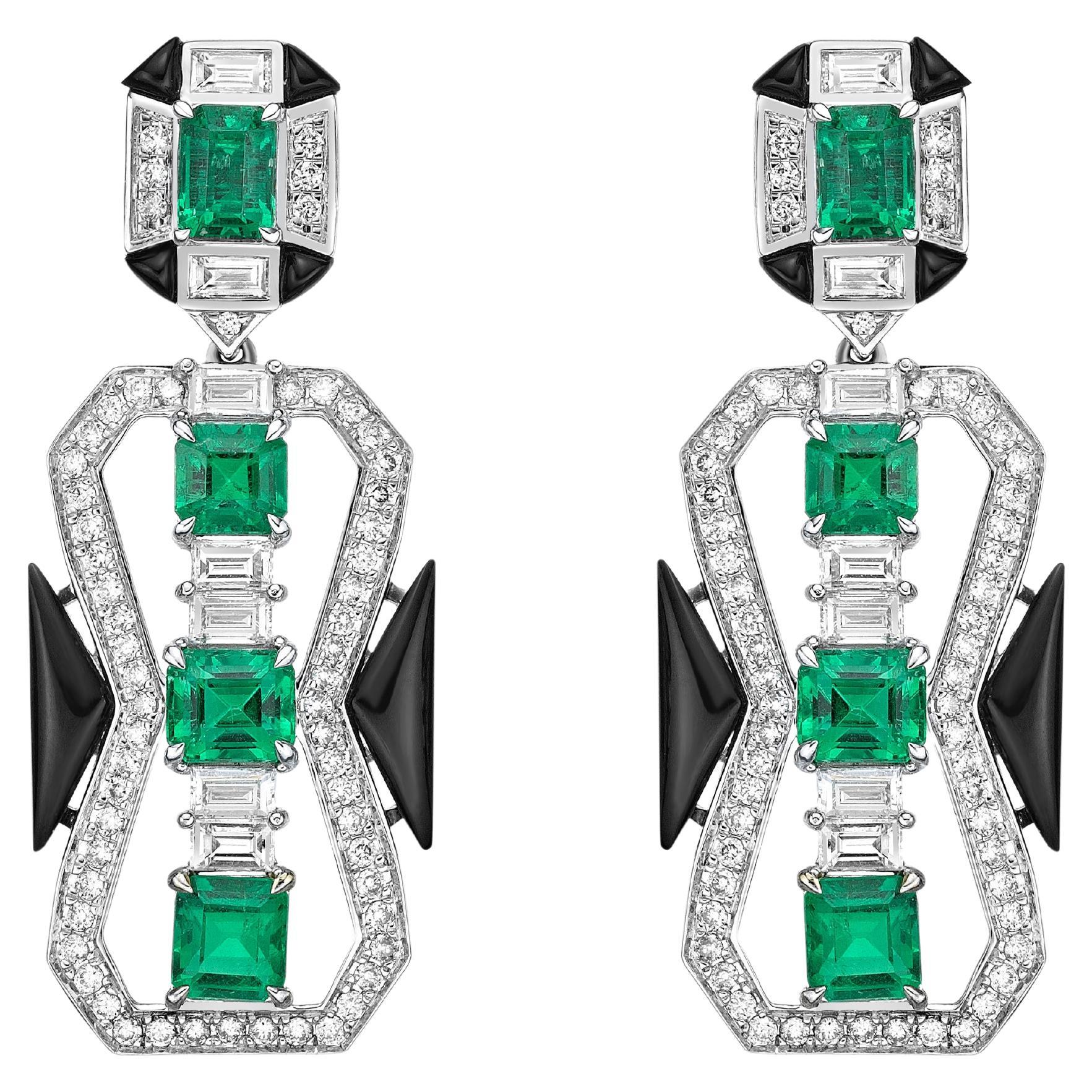 Art Deco Style Emerald, Black Onyx and Diamond Earrings in 18 Karat White Gold For Sale