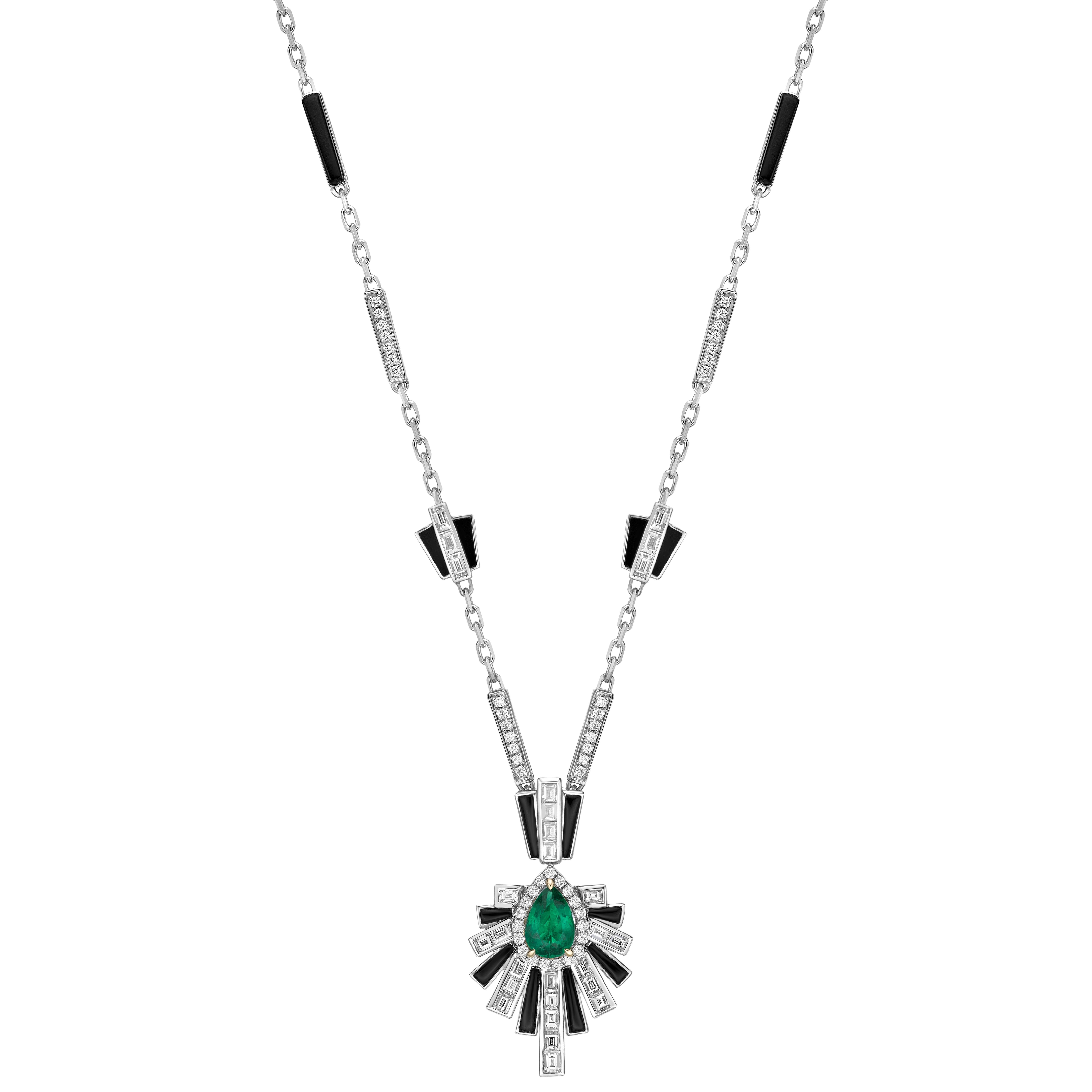 Starburst necklace from our Emerald Art Deco Style Collection. This necklace is beautifully constructed with layers of diamonds and black onyx to elevate the stunning Colombian Emeralds.

Designer emerald necklace in 18K white gold and yellow gold