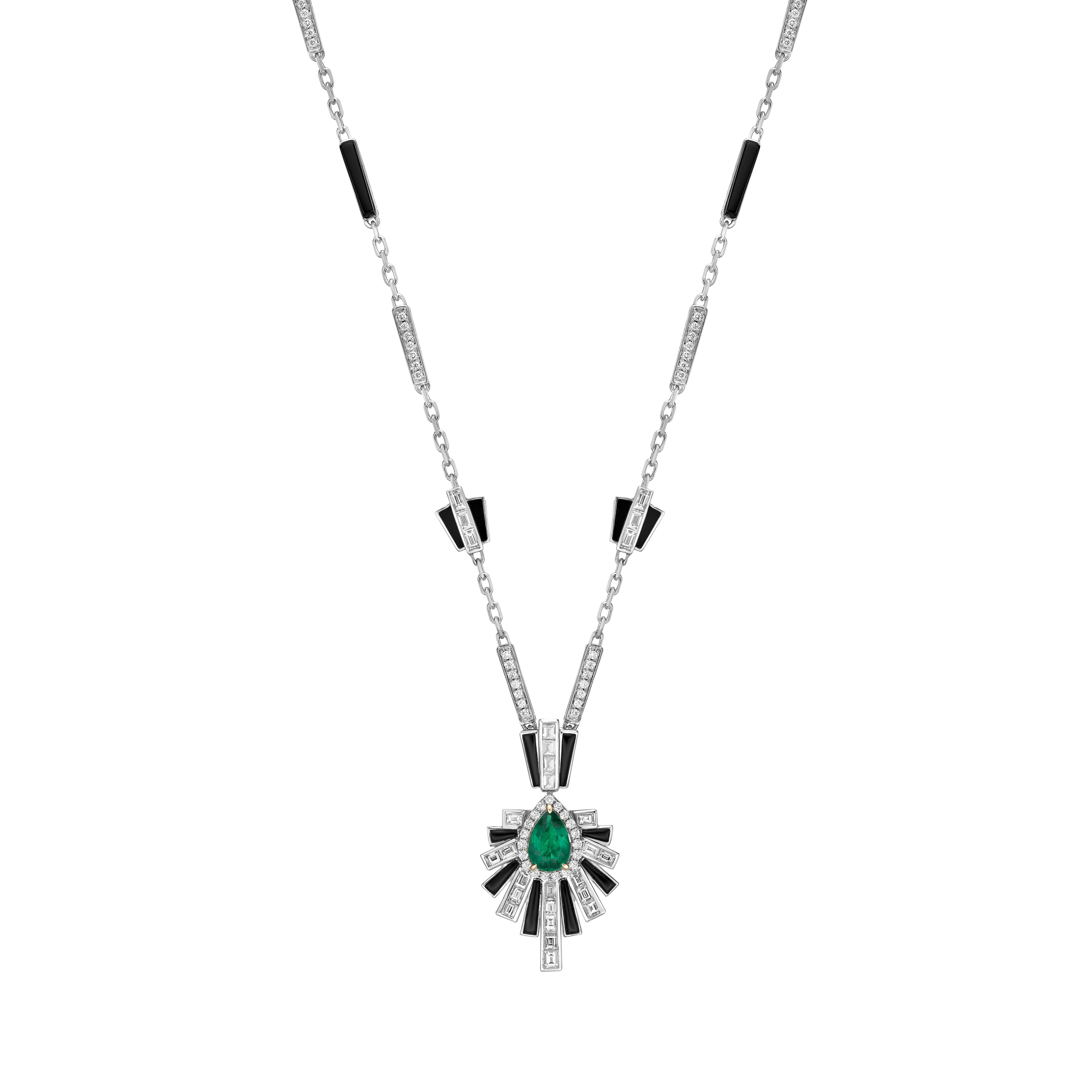 Pear Cut Art Deco Style Emerald, Black Onyx and Diamond Necklace in 18 Karat White Gold