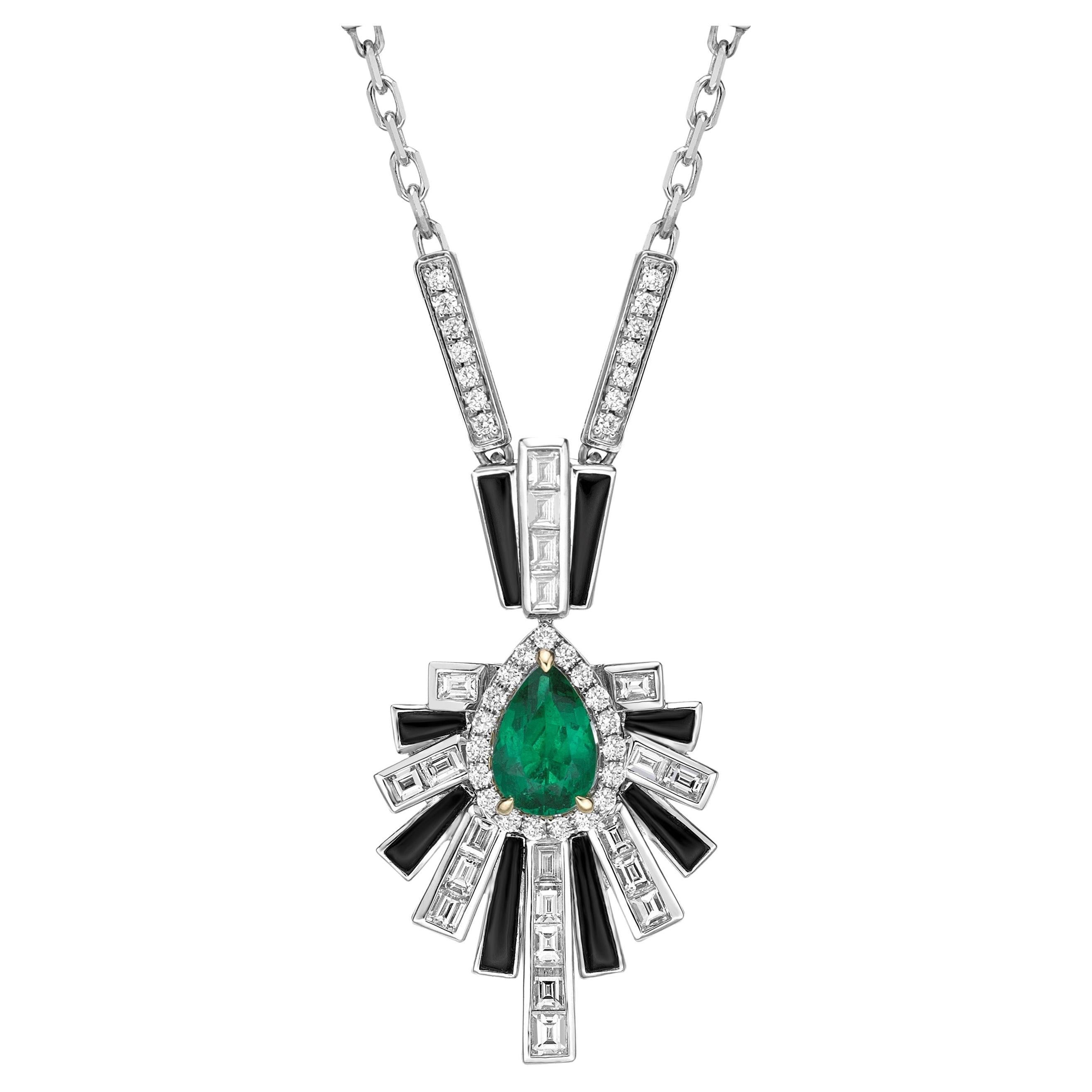 Art Deco Style Emerald, Black Onyx and Diamond Necklace in 18 Karat White Gold