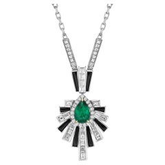 Art Deco Style Emerald, Black Onyx and Diamond Necklace in 18 Karat White Gold