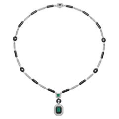 Art Deco Style Emerald, Black Onyx and Diamond Necklace in 18 Karat White Gold