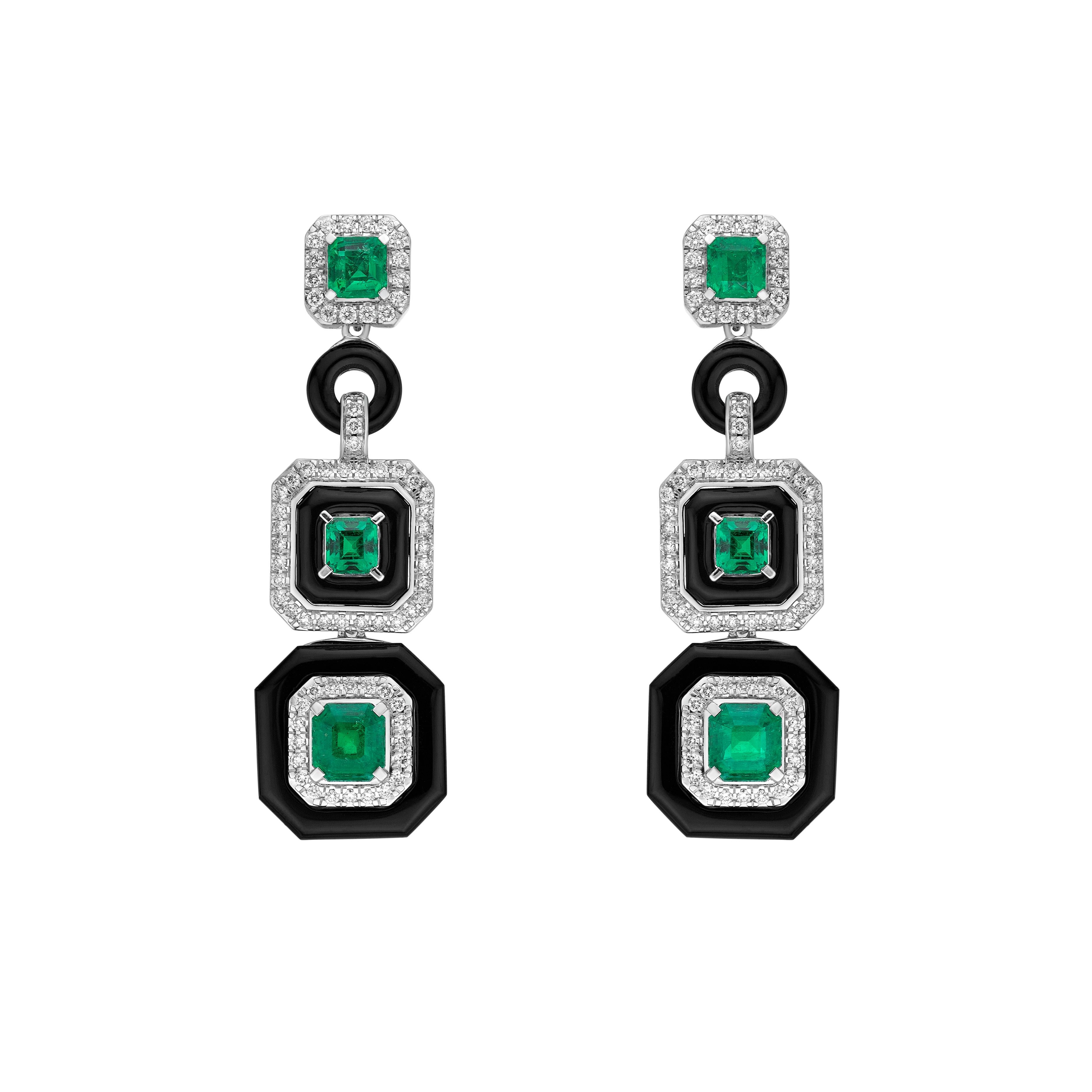 Art Deco Style Emerald, Black Onyx and Diamond Set in 18 Karat White Gold In New Condition In Hong Kong, HK