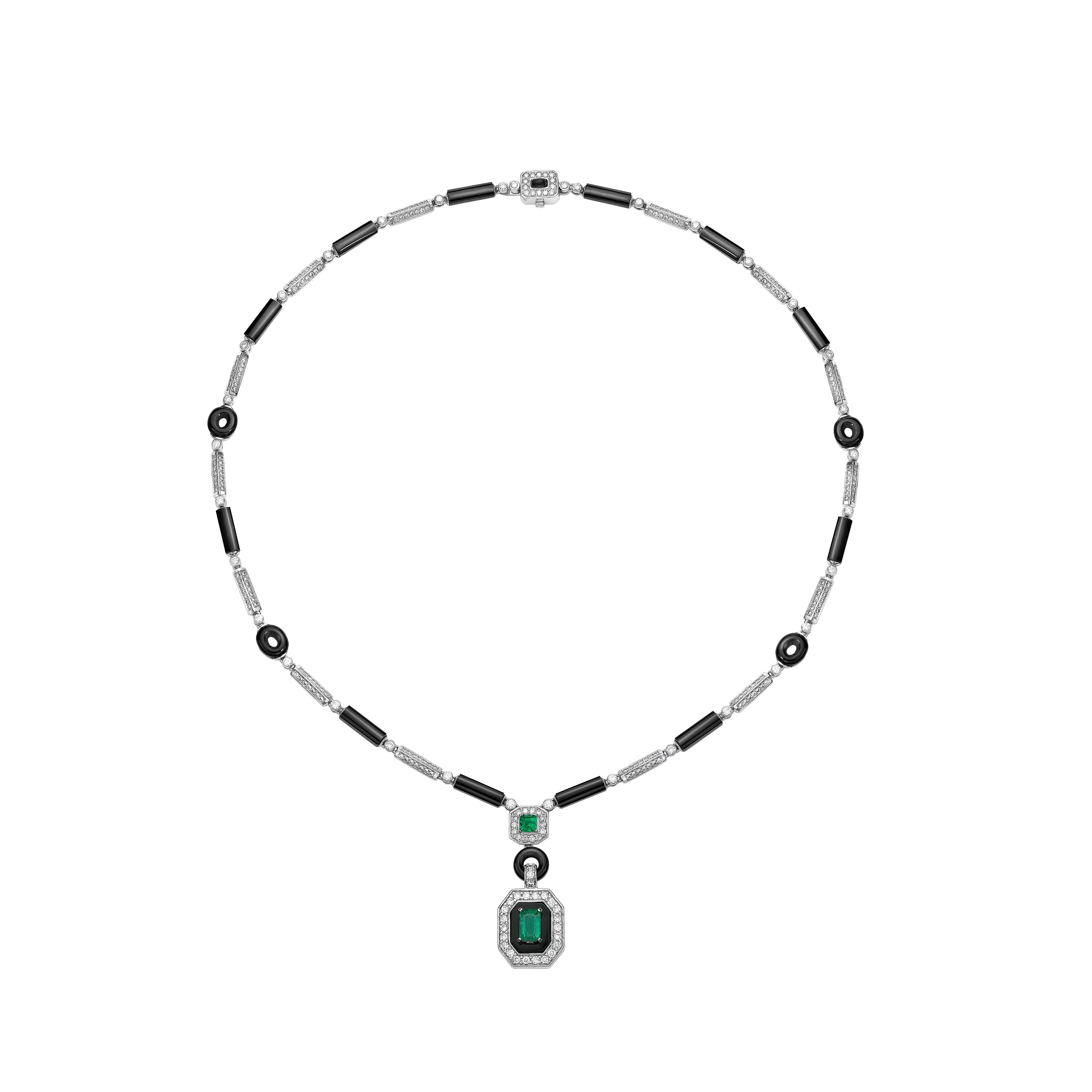 Art Deco Style Emerald, Black Onyx and Diamond Set in 18 Karat White Gold 1