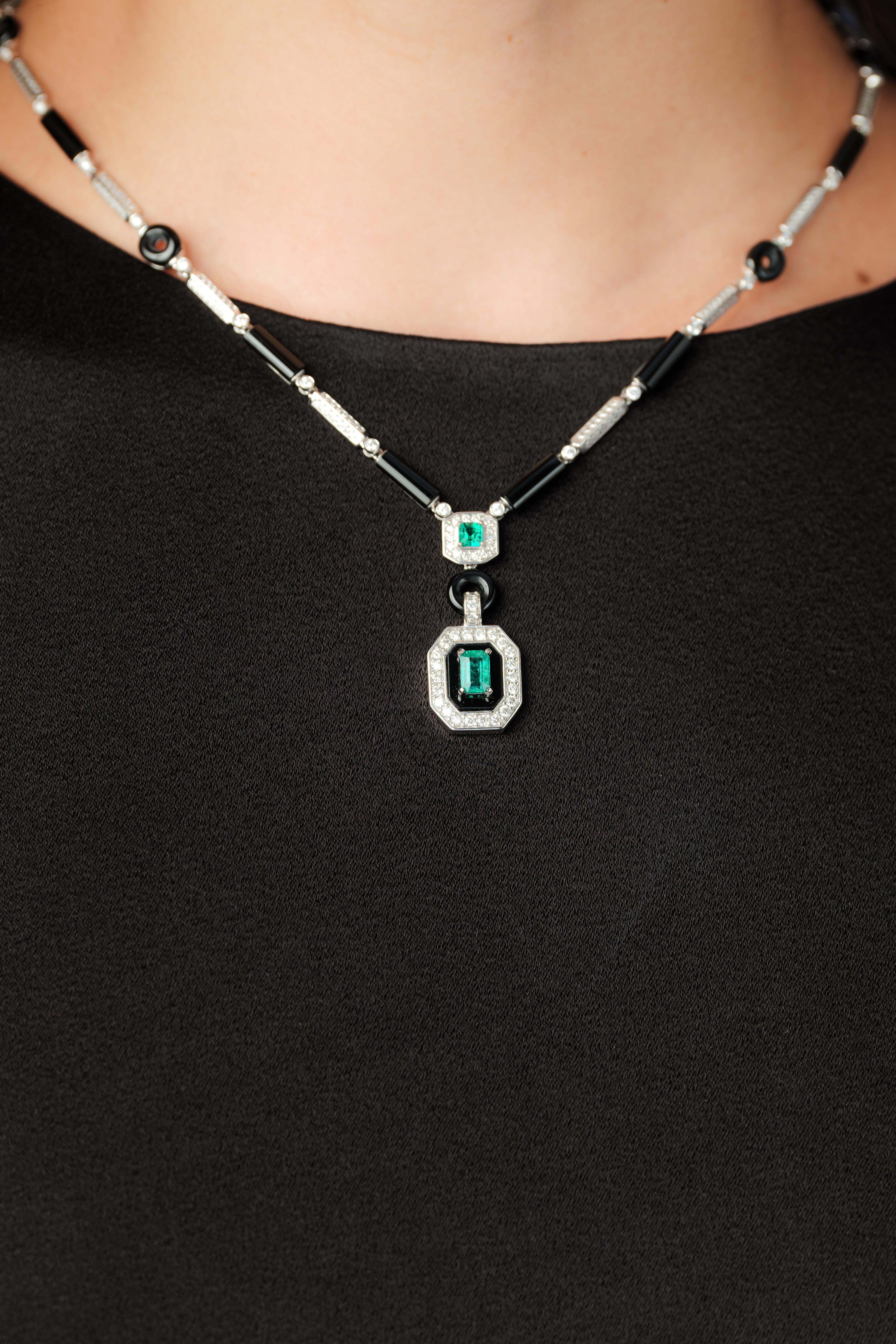 Art Deco Style Emerald, Black Onyx and Diamond Set in 18 Karat White Gold 2