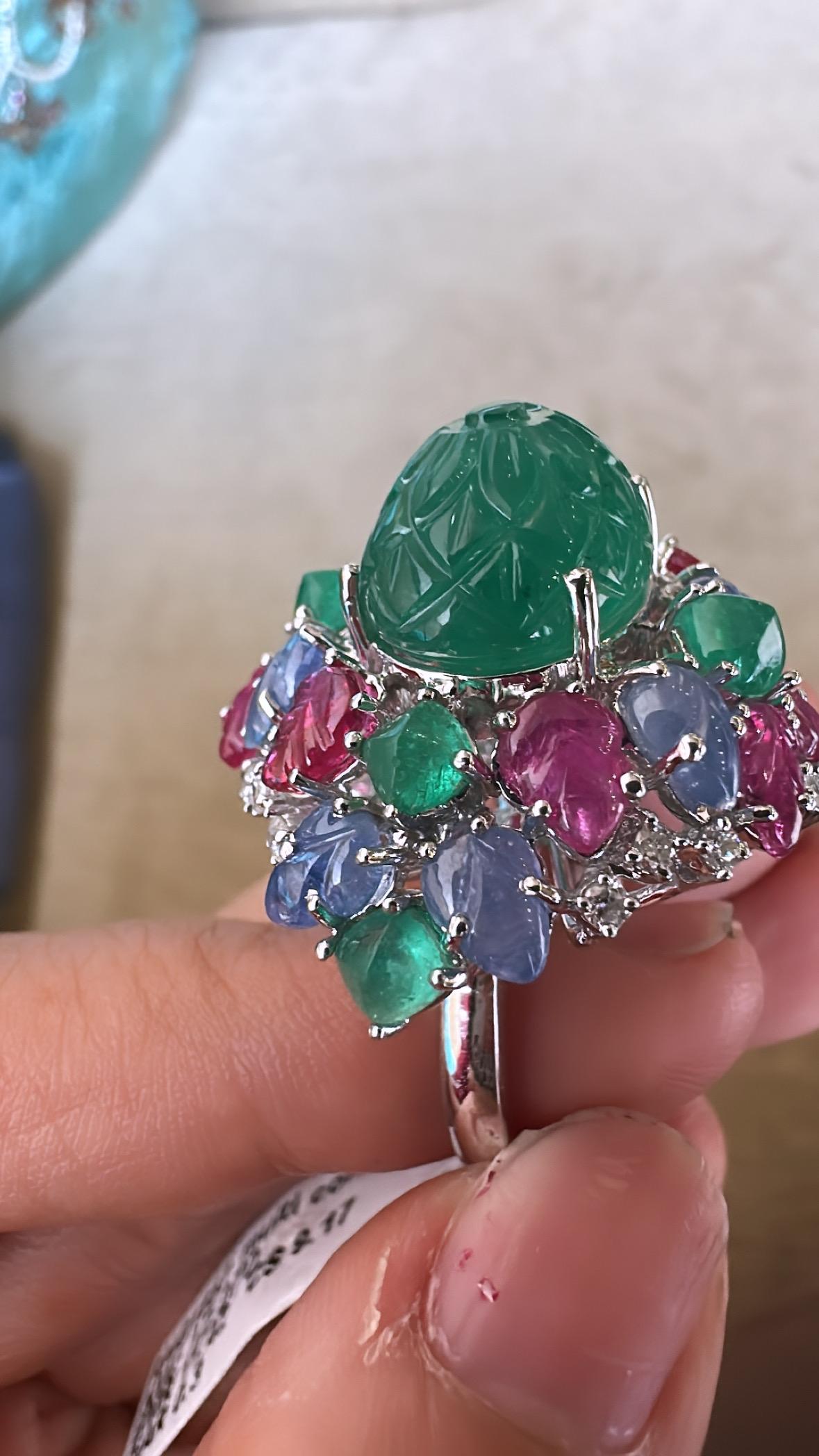 Art Deco Style Emerald, Blue Sapphire, Ruby & Diamond Tutti Frutti Cocktail Ring 5