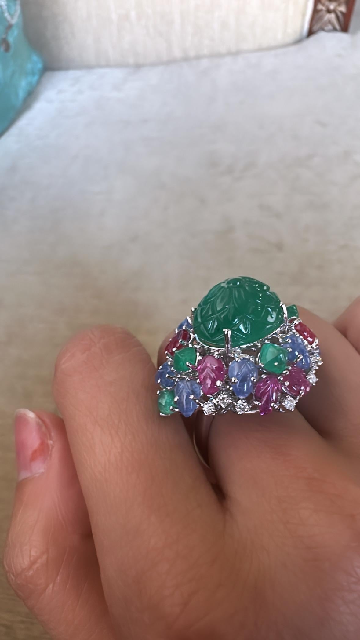 Art Deco Style Emerald, Blue Sapphire, Ruby & Diamond Tutti Frutti Cocktail Ring 6