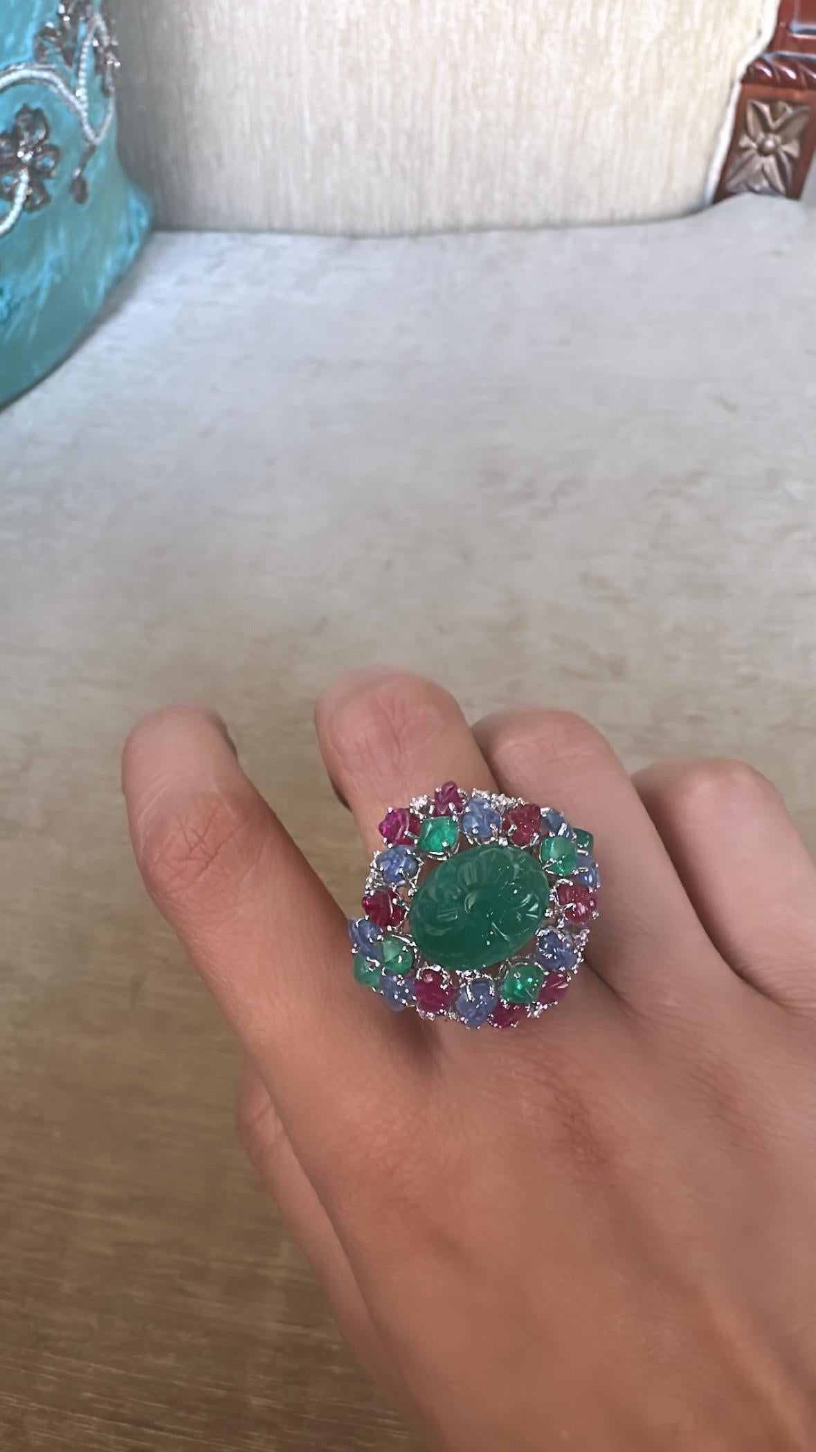 Art Deco Style Emerald, Blue Sapphire, Ruby & Diamond Tutti Frutti Cocktail Ring 7