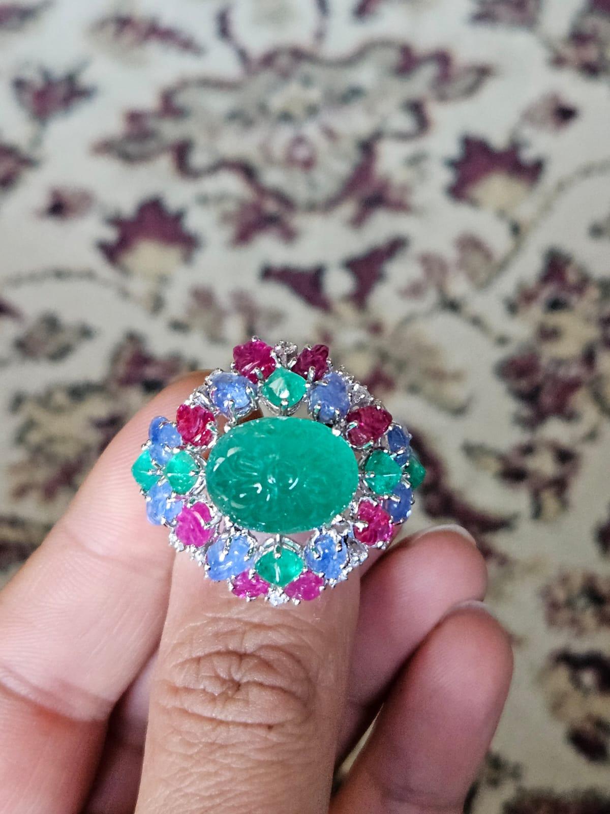 Art Deco Style Emerald, Blue Sapphire, Ruby & Diamond Tutti Frutti Cocktail Ring 8