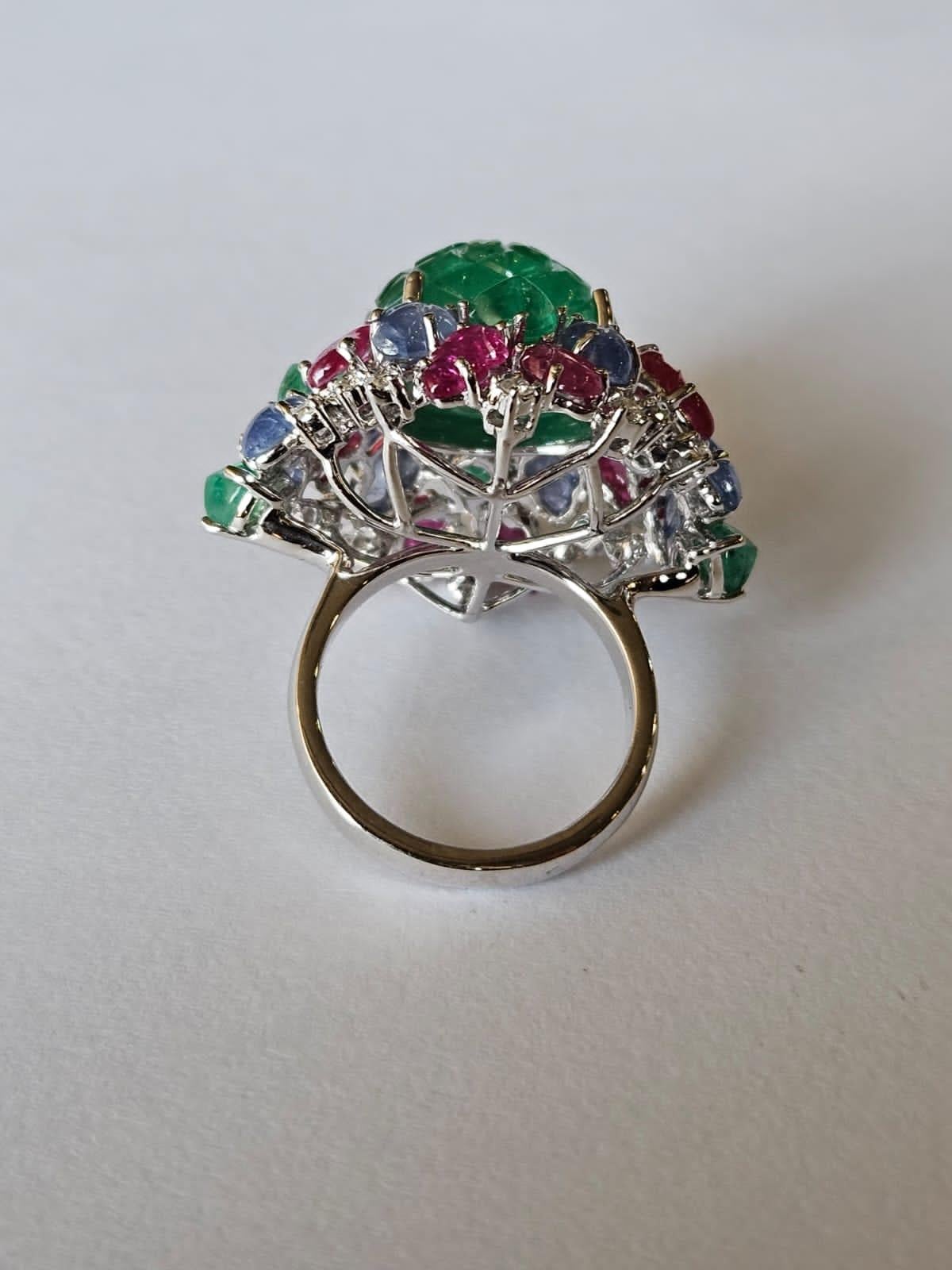 Art Deco Style Emerald, Blue Sapphire, Ruby & Diamond Tutti Frutti Cocktail Ring 9