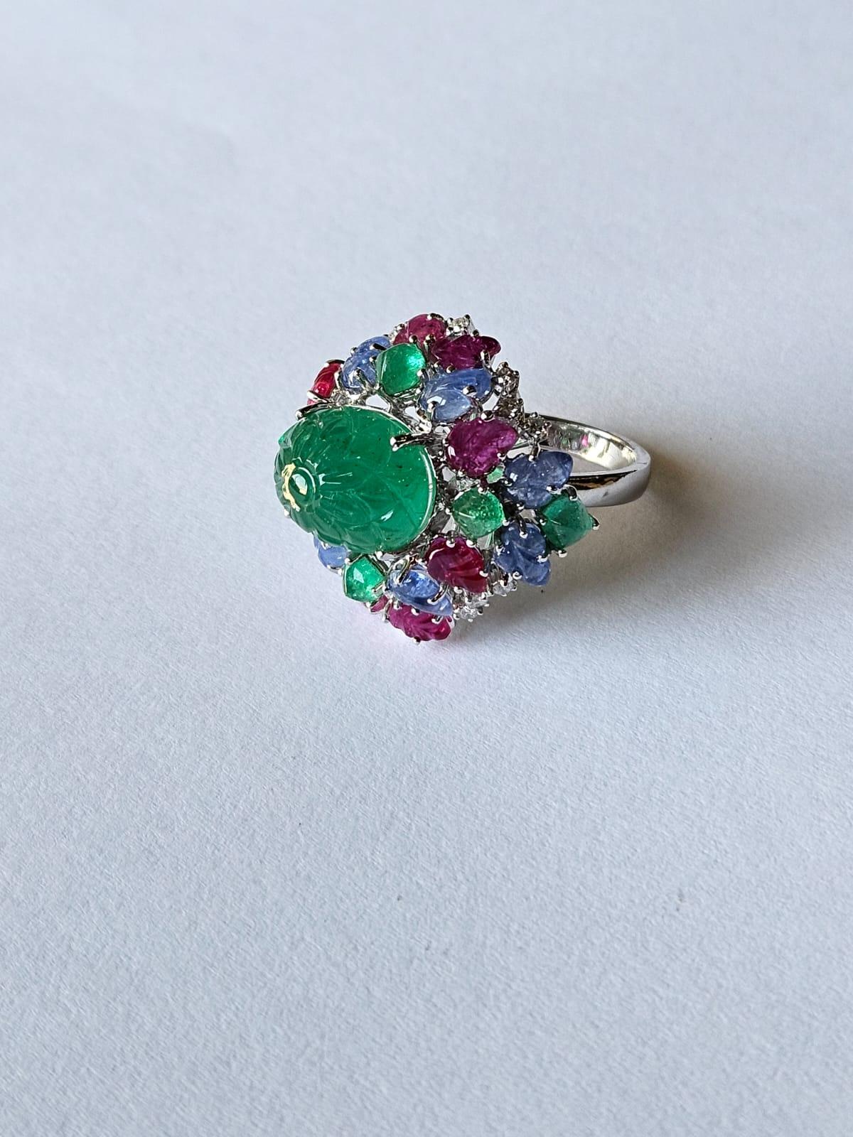 Art Deco Style Emerald, Blue Sapphire, Ruby & Diamond Tutti Frutti Cocktail Ring 10